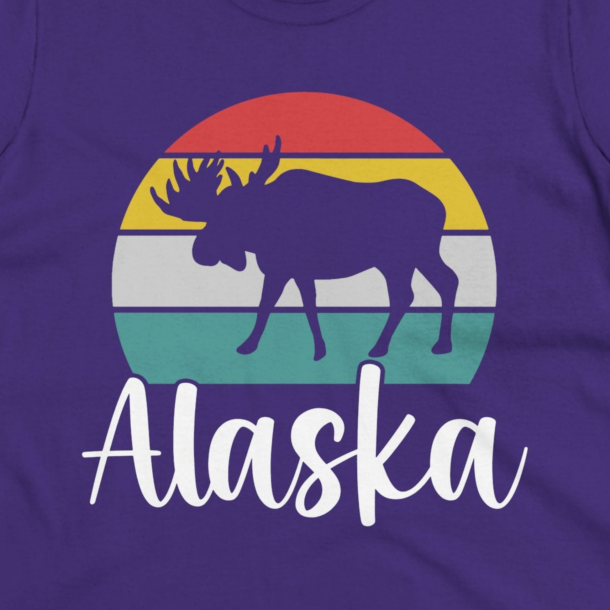 Retro Alaska Moose Silhouette Shirt Ladies T-Shirt – Purple – Alaska Cruise Shirts Close Up