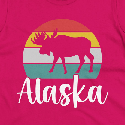 Retro Alaska Moose Silhouette Shirt Ladies T-Shirt – Heliconia – Alaska Cruise Shirts Close Up