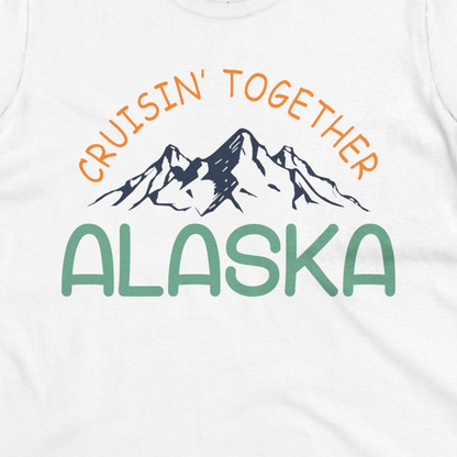 Cruisin Together Alaska Mountain Adventure Cruise Graphic Shirt — Ladies Tee Ladies T-Shirt – White – Alaska Cruise Shirts Close Up
