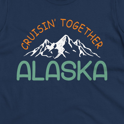 Cruisin Together Alaska Mountain Adventure Cruise Graphic Shirt — Ladies Tee Ladies T-Shirt – Navy – Alaska Cruise Shirts Close Up