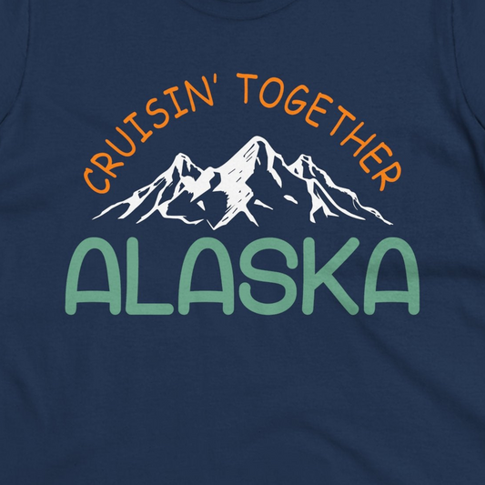 Cruisin Together Alaska Mountain Adventure Cruise Graphic Shirt — Ladies Tee Ladies T-Shirt – Navy – Alaska Cruise Shirts Close Up