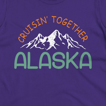 Cruisin Together Alaska Mountain Adventure Cruise Graphic Shirt — Ladies Tee Ladies T-Shirt – Purple – Alaska Cruise Shirts Close Up