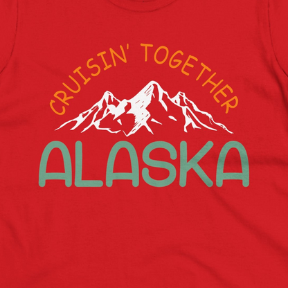 Cruisin Together Alaska Mountain Adventure Cruise Graphic Shirt — Ladies Tee Ladies T-Shirt – Red – Alaska Cruise Shirts Close Up
