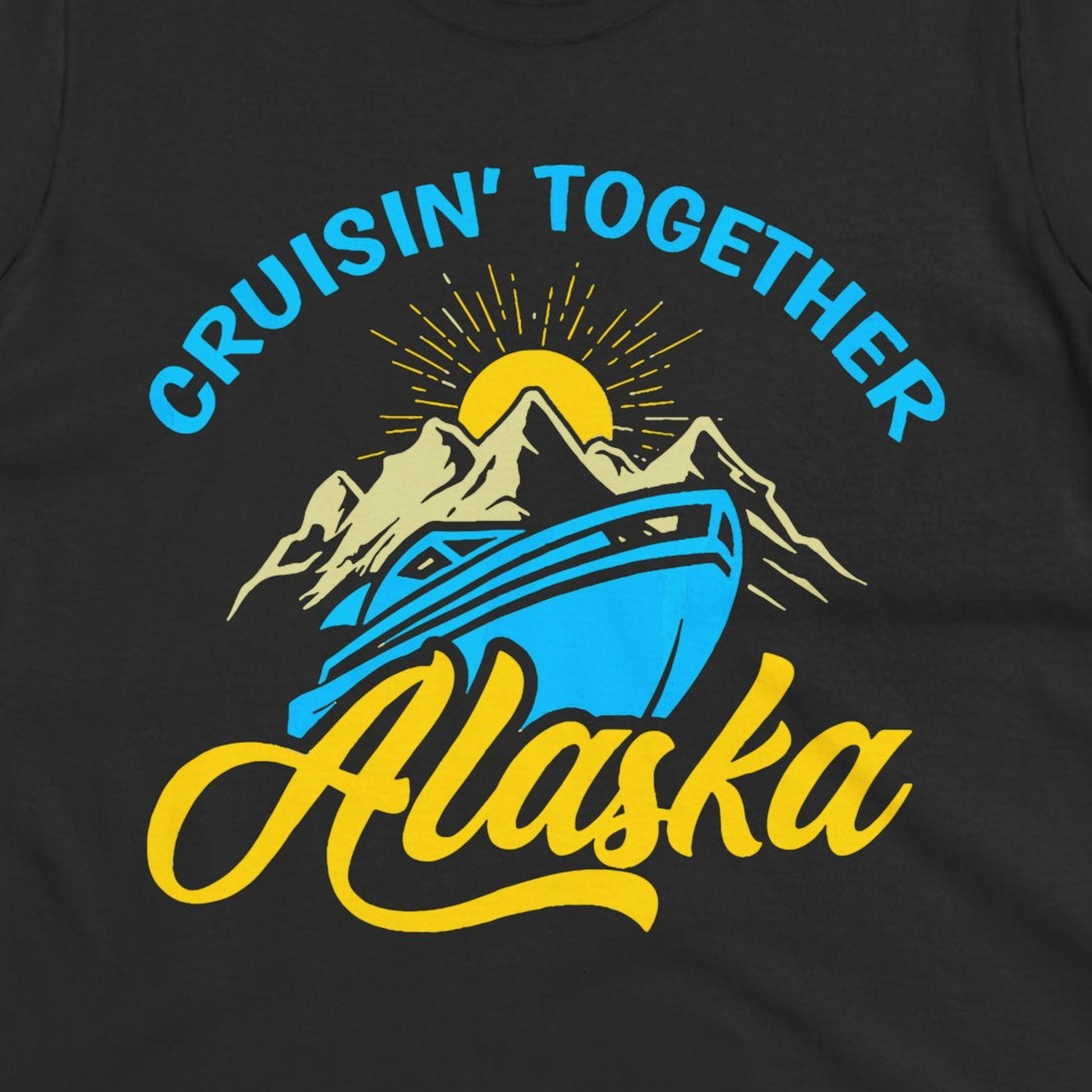 Alaska Cruise Adventure Mountains Sunrise Retro Shirt for Travelers — Ladies Tee Ladies T-Shirt – Black – Alaska Cruise Shirts Close Up