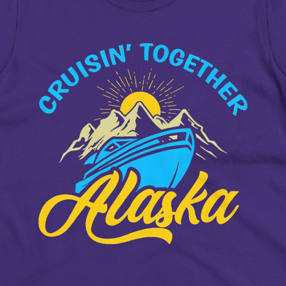 Alaska Cruise Adventure Mountains Sunrise Retro Shirt for Travelers — Ladies Tee Ladies T-Shirt – Purple – Alaska Cruise Shirts Close Up