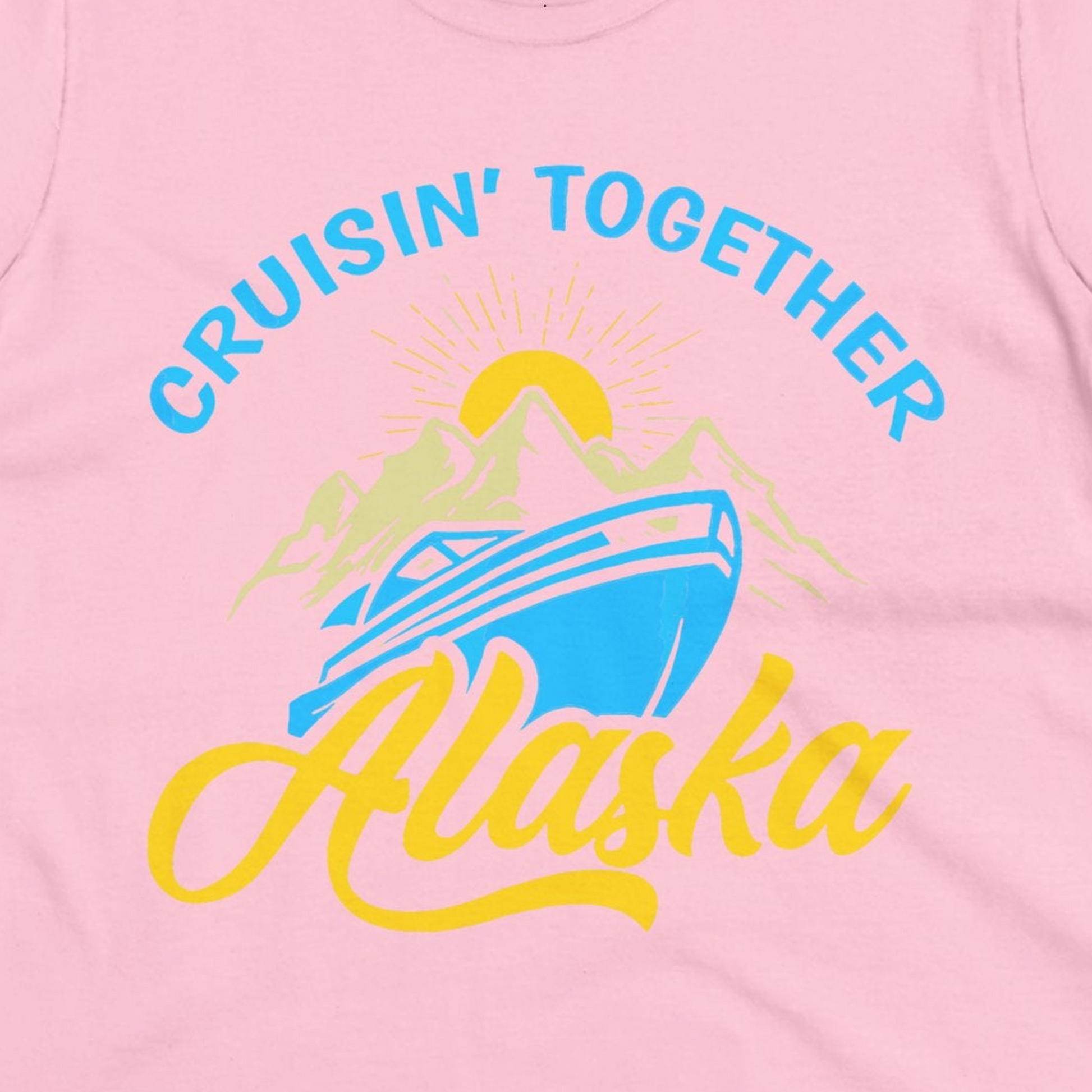 Alaska Cruise Adventure Mountains Sunrise Retro Shirt for Travelers — Ladies Tee Ladies T-Shirt – Light Pink – Alaska Cruise Shirts Close Up