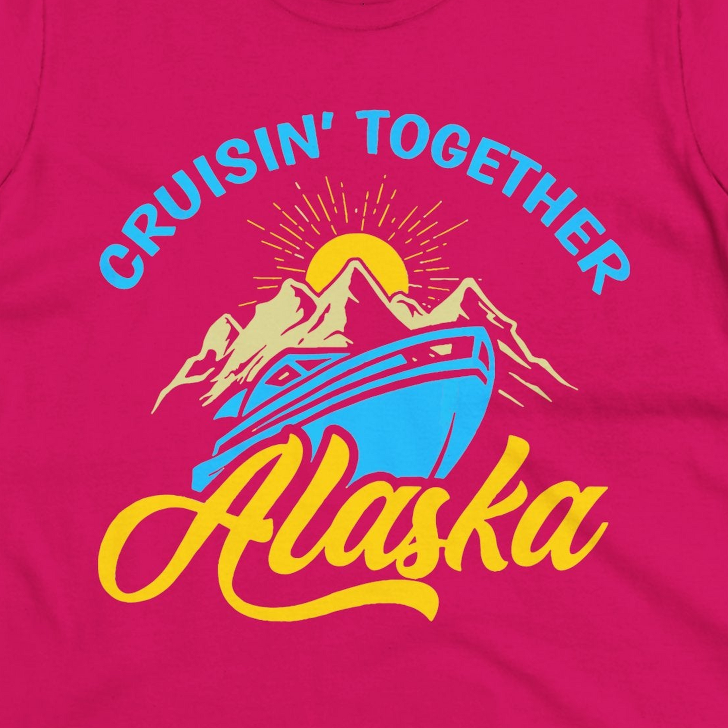 Alaska Cruise Adventure Mountains Sunrise Retro Shirt for Travelers — Ladies Tee Ladies T-Shirt – Heliconia – Alaska Cruise Shirts Close Up