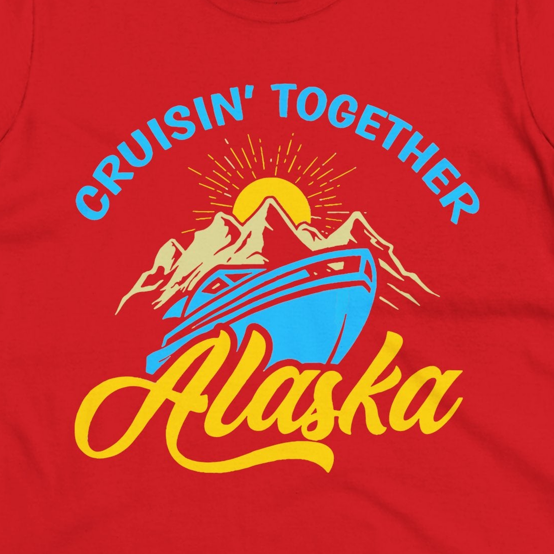 Alaska Cruise Adventure Mountains Sunrise Retro Shirt for Travelers — Ladies Tee Ladies T-Shirt – Red – Alaska Cruise Shirts Close Up