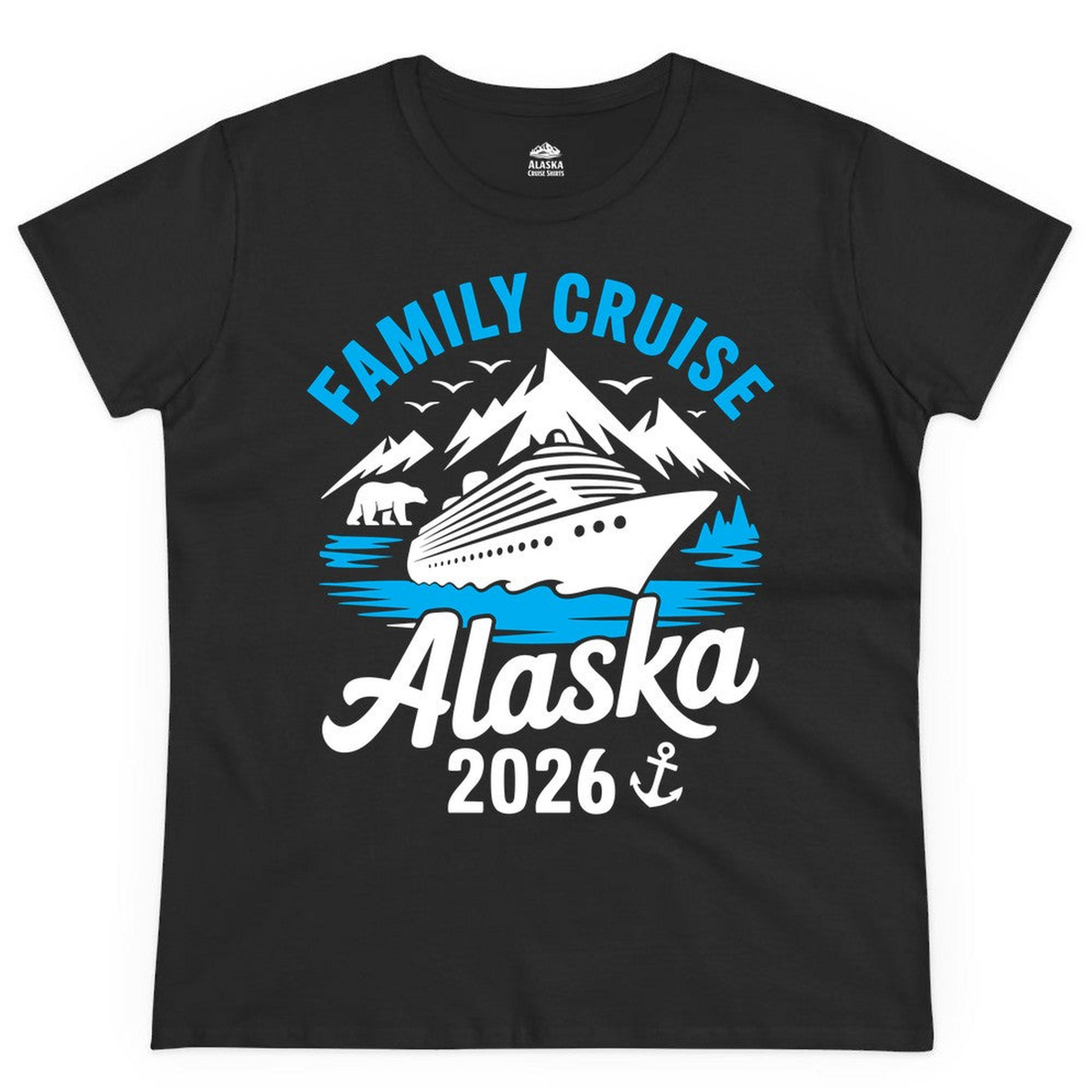 Alaska Family Cruise Shirt 2026 Mountains Wildlife Adventure Tee — Ladies Tee Ladies T-Shirt – Black – Alaska Cruise Shirts Close Up