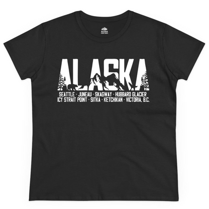 Alaska Cruise Silhouette Wildlife Destinations Shirt Seattle Juneau — Ladies Tee Ladies T-Shirt – Black – Alaska Cruise Shirts Close Up