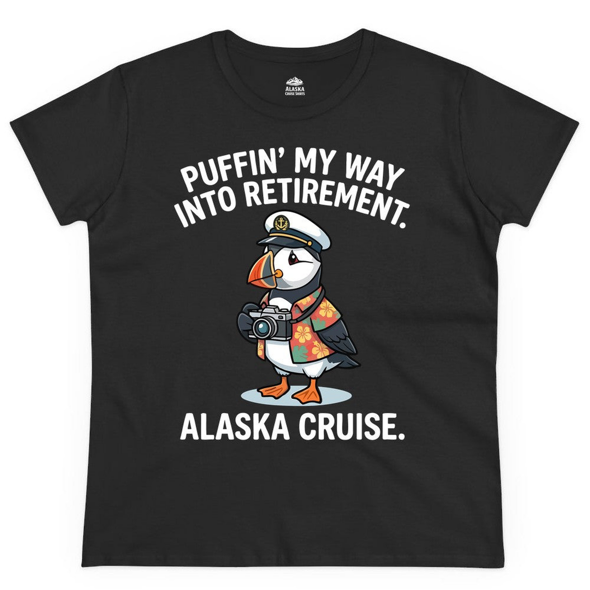 Puffin Cartoon Retirement Alaska Cruise Shirt Ladies T-Shirt – Black – Alaska Cruise Shirts Close Up