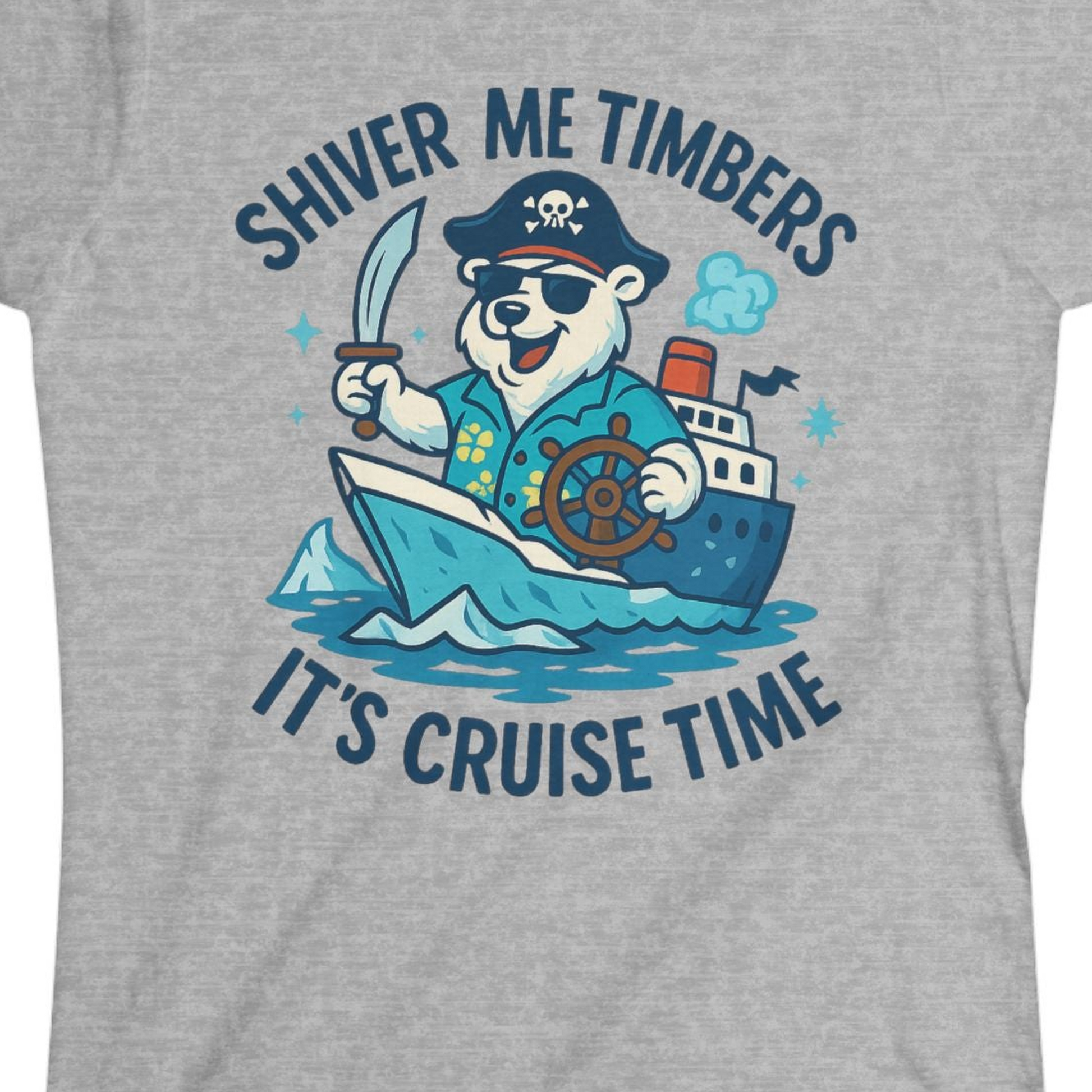 Funny Polar Bear Pirate Cruise Vacation Shirt Ladies T-Shirt – Sport Grey – Alaska Cruise Shirts Close Up