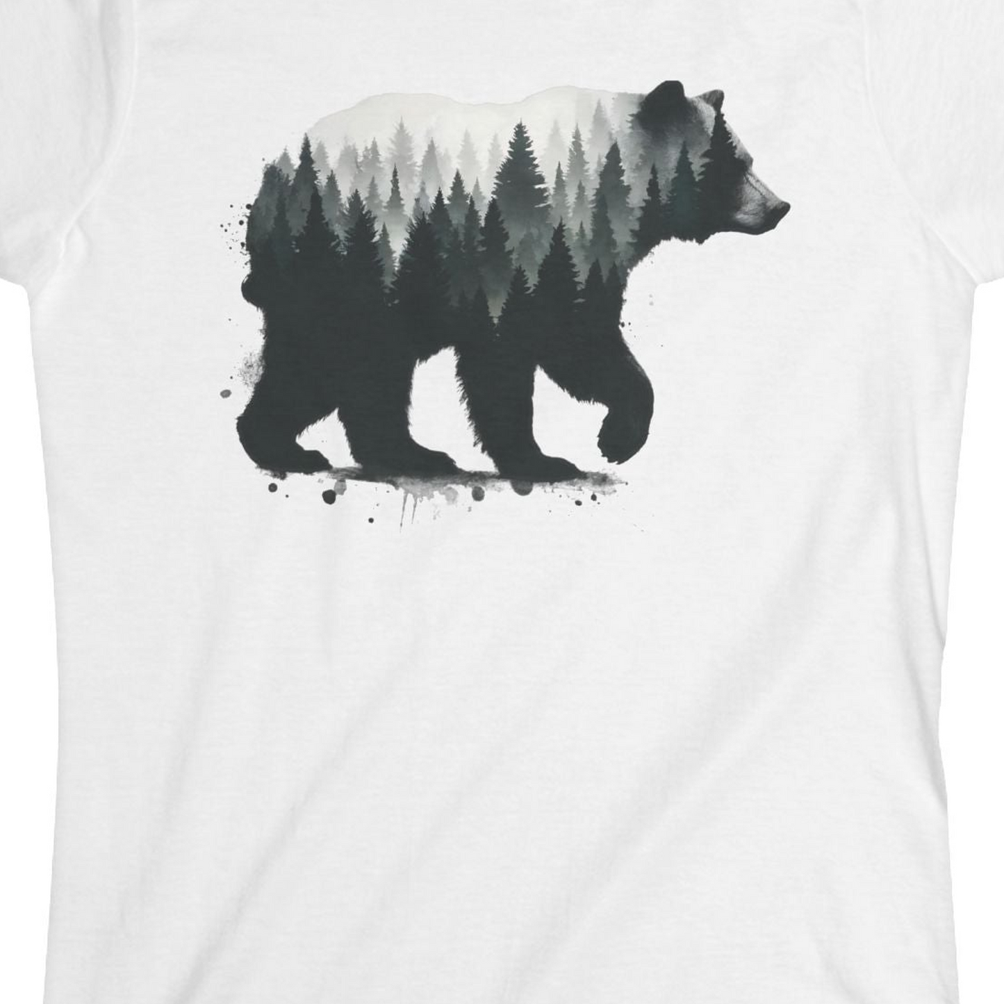 Bear Silhouette Forest Double Exposure Shirt Ladies T-Shirt – White – Alaska Cruise Shirts Close Up