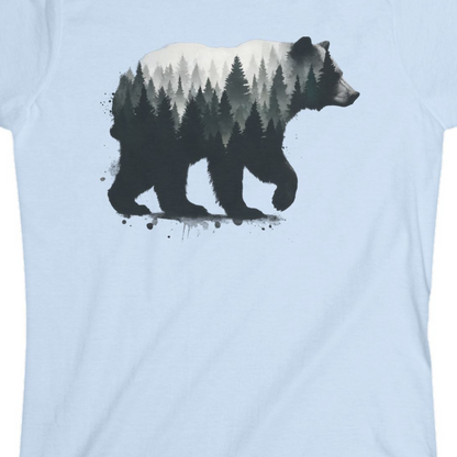 Bear Silhouette Forest Double Exposure Shirt Ladies T-Shirt – Light Blue – Alaska Cruise Shirts Close Up