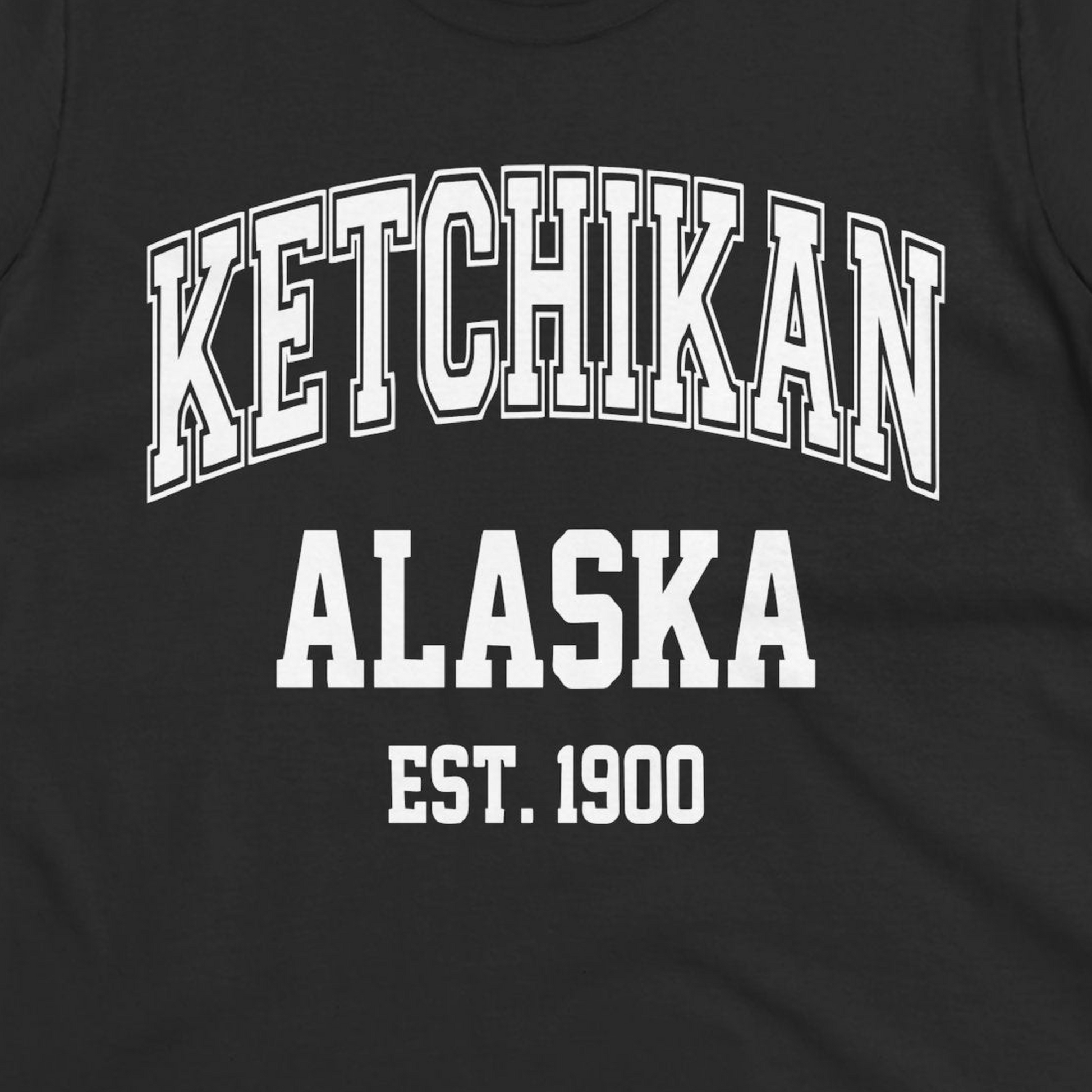 Ketchikan Alaska Collegiate Style Est 1900 Vintage Tee Shirt — Ladies Tee Ladies T-Shirt – Black – Alaska Cruise Shirts Close Up