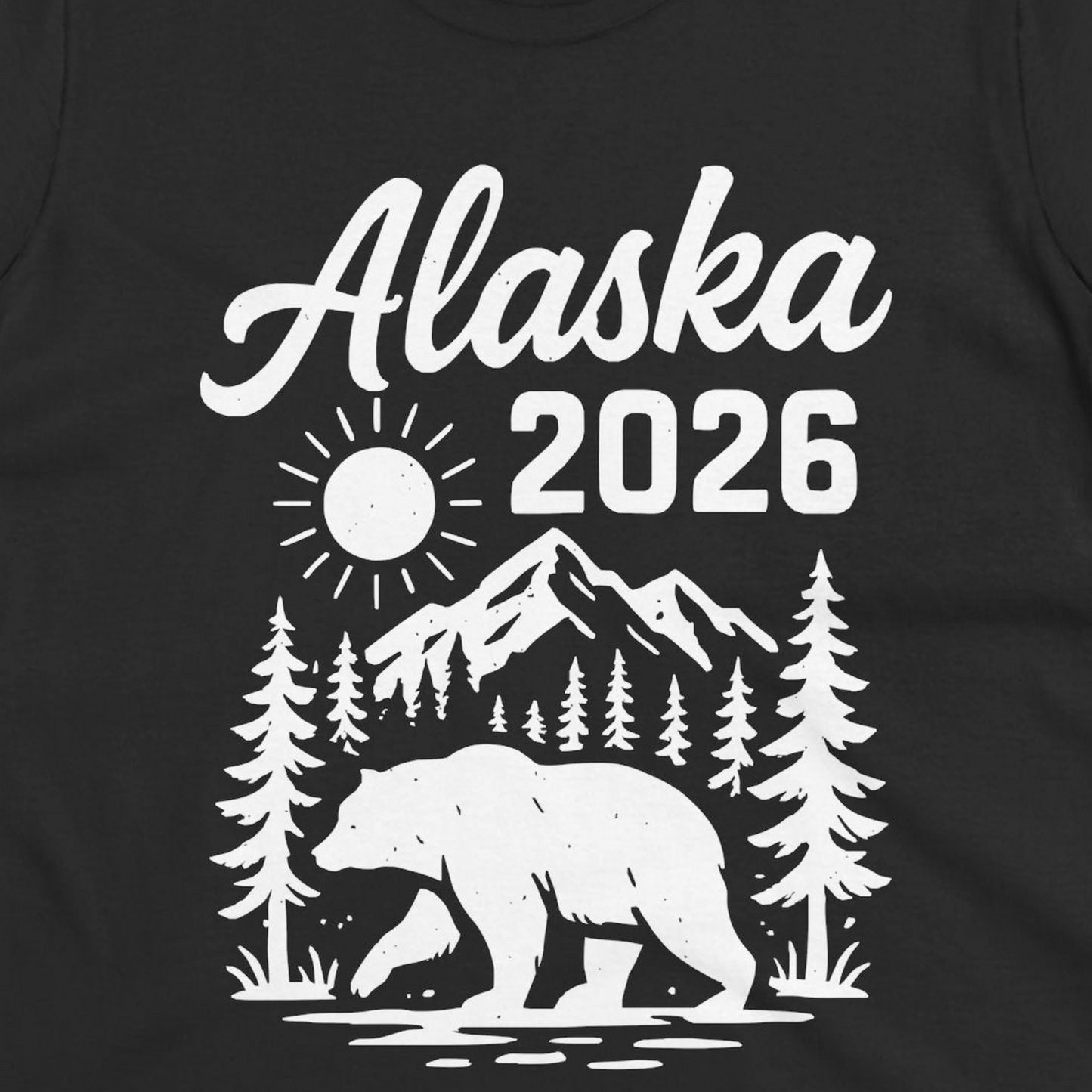 Alaska 2026 Bear and Mountains Nature Adventure Shirt — Ladies Tee Ladies T-Shirt – Black – Alaska Cruise Shirts Close Up