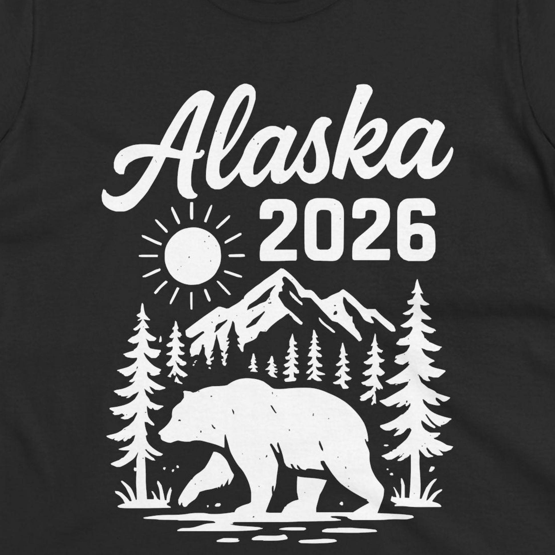 Alaska 2026 Bear and Mountains Nature Adventure Shirt — Ladies Tee Ladies T-Shirt – Black – Alaska Cruise Shirts Close Up