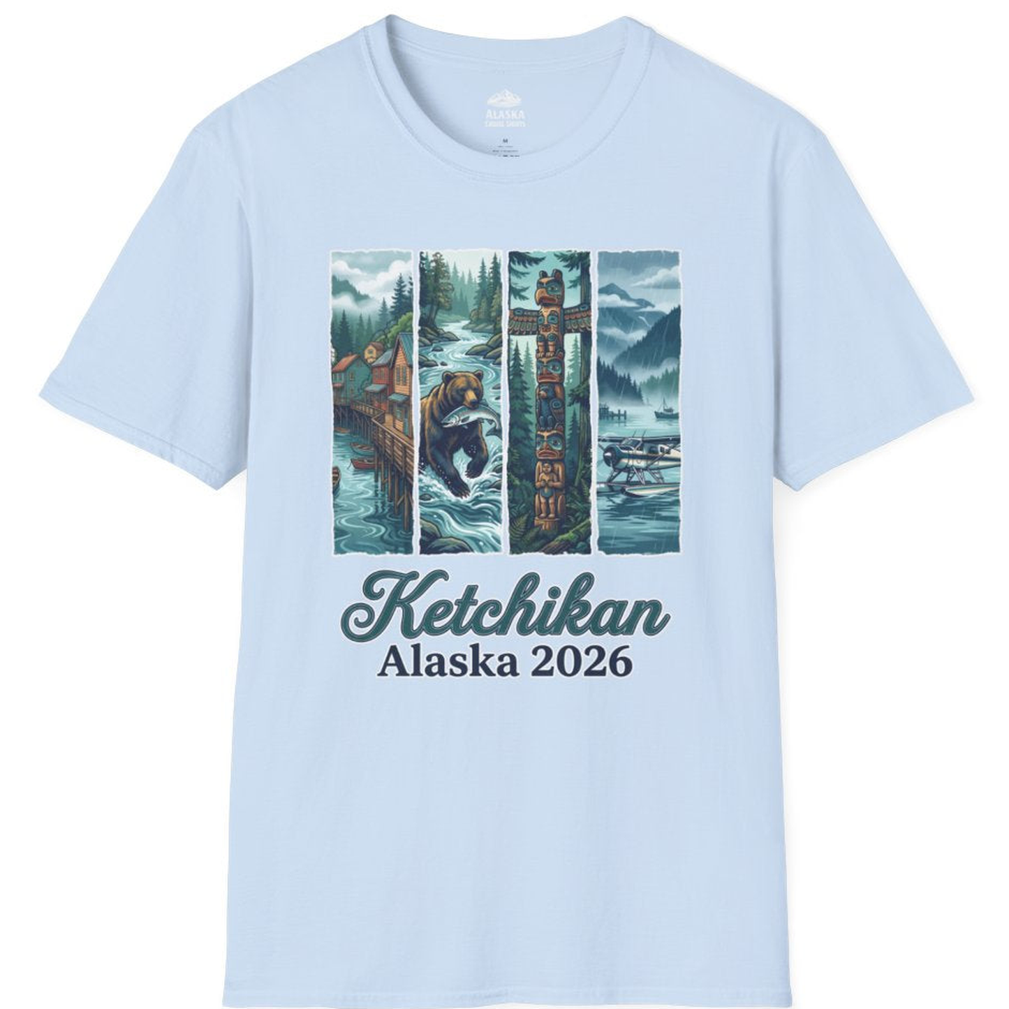 Ketchikan Alaska 2026 Scenic Nature and Totem Pole Art T-Shirt – Light Blue – Alaska Cruise Shirts
