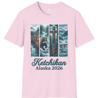 Ketchikan Alaska 2026 Scenic Nature and Totem Pole Art T-Shirt – Light Pink – Alaska Cruise Shirts