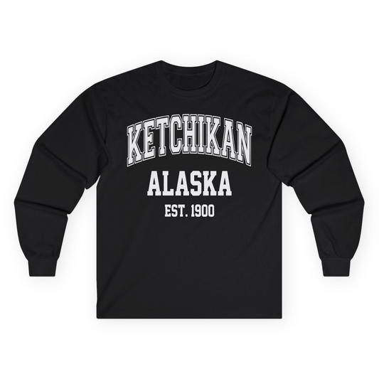 Ketchikan Alaska Collegiate Style Est 1900 Vintage Tee Shirt — Long Sleeve Long Sleeve Shirt – Alaska Cruise Shirts