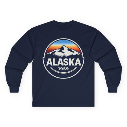 Alaska 1959 Retro Mountain Sunset Badge long sleeve shirt Vintage Statehood long sleeve shirt — Long Sleeve Long Sleeve Shirt – Alaska Cruise Shirts