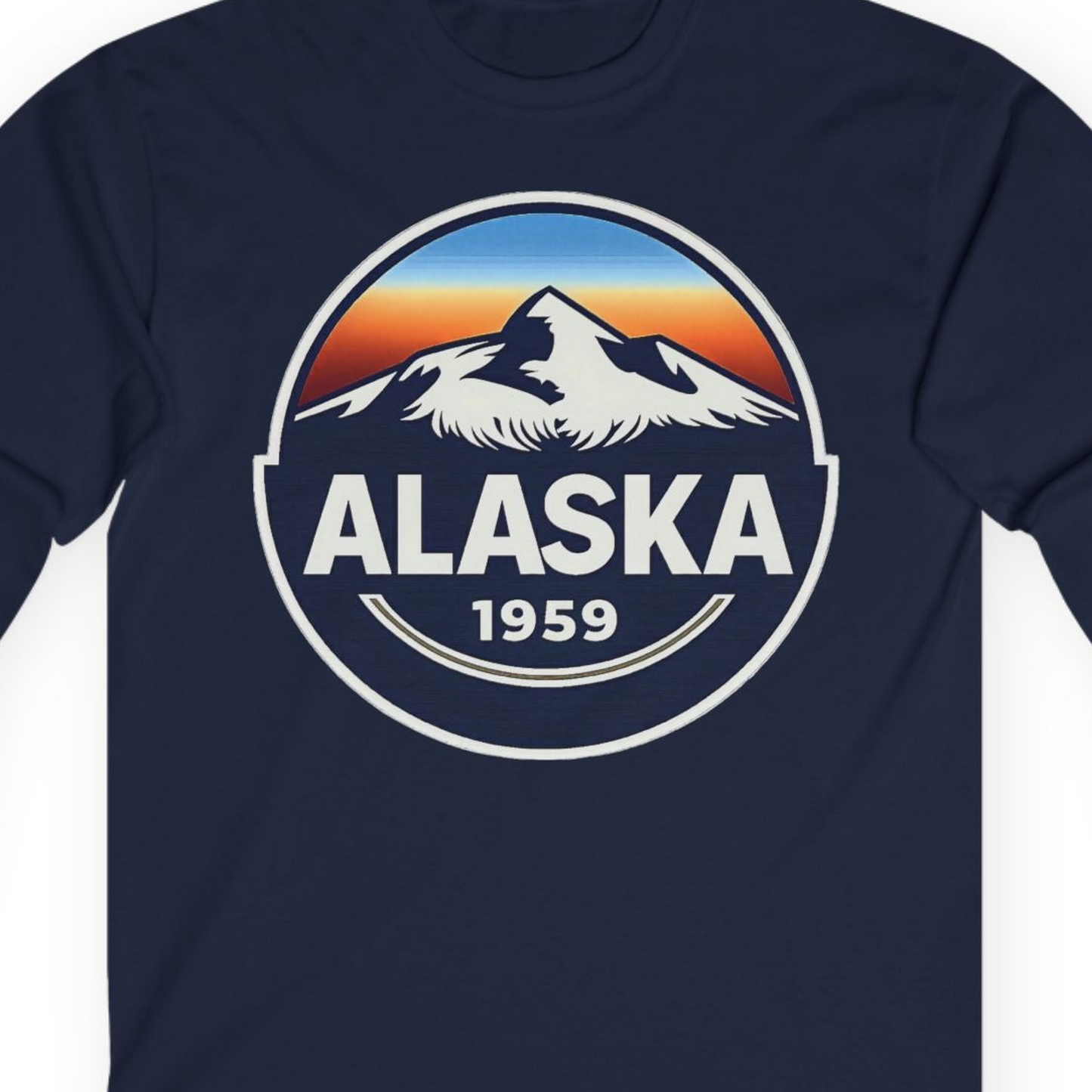 Alaska 1959 Retro Mountain Sunset Badge long sleeve shirt Vintage Statehood long sleeve shirt — Long Sleeve Long Sleeve Shirt – Alaska Cruise Shirts Close Up