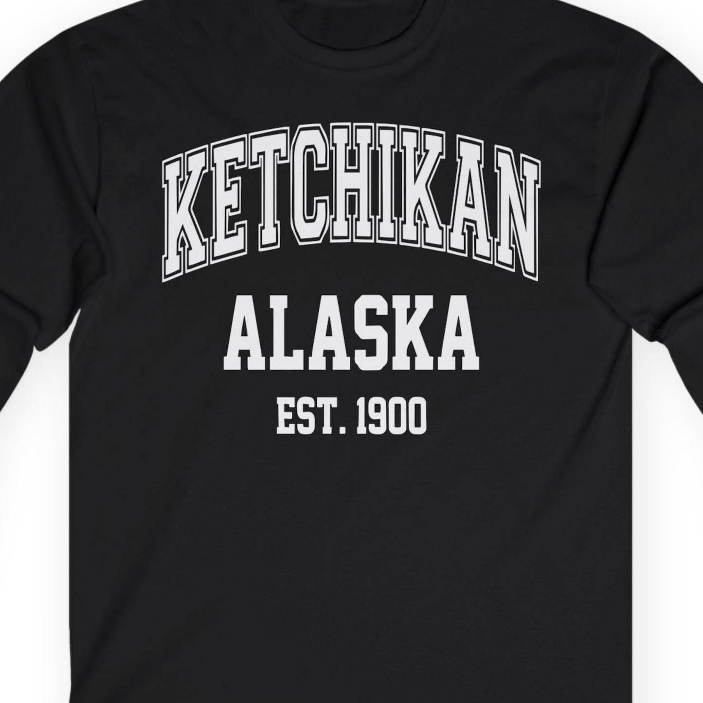 Ketchikan Alaska Collegiate Style Est 1900 Vintage Tee Shirt — Long Sleeve Long Sleeve Shirt – Alaska Cruise Shirts Close Up