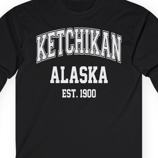 Ketchikan Alaska Collegiate Style Est 1900 Vintage Tee Shirt — Long Sleeve Long Sleeve Shirt – Alaska Cruise Shirts Close Up