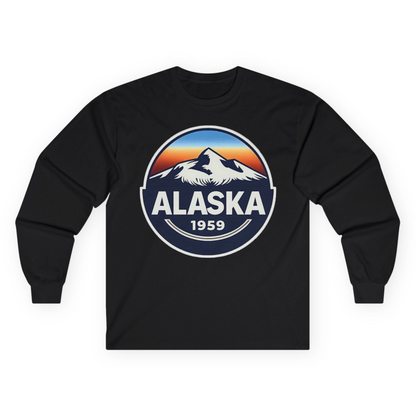 Alaska 1959 Retro Mountain Sunset Badge long sleeve shirt Vintage Statehood long sleeve shirt — Long Sleeve Long Sleeve Shirt – Black – Alaska Cruise Shirts
