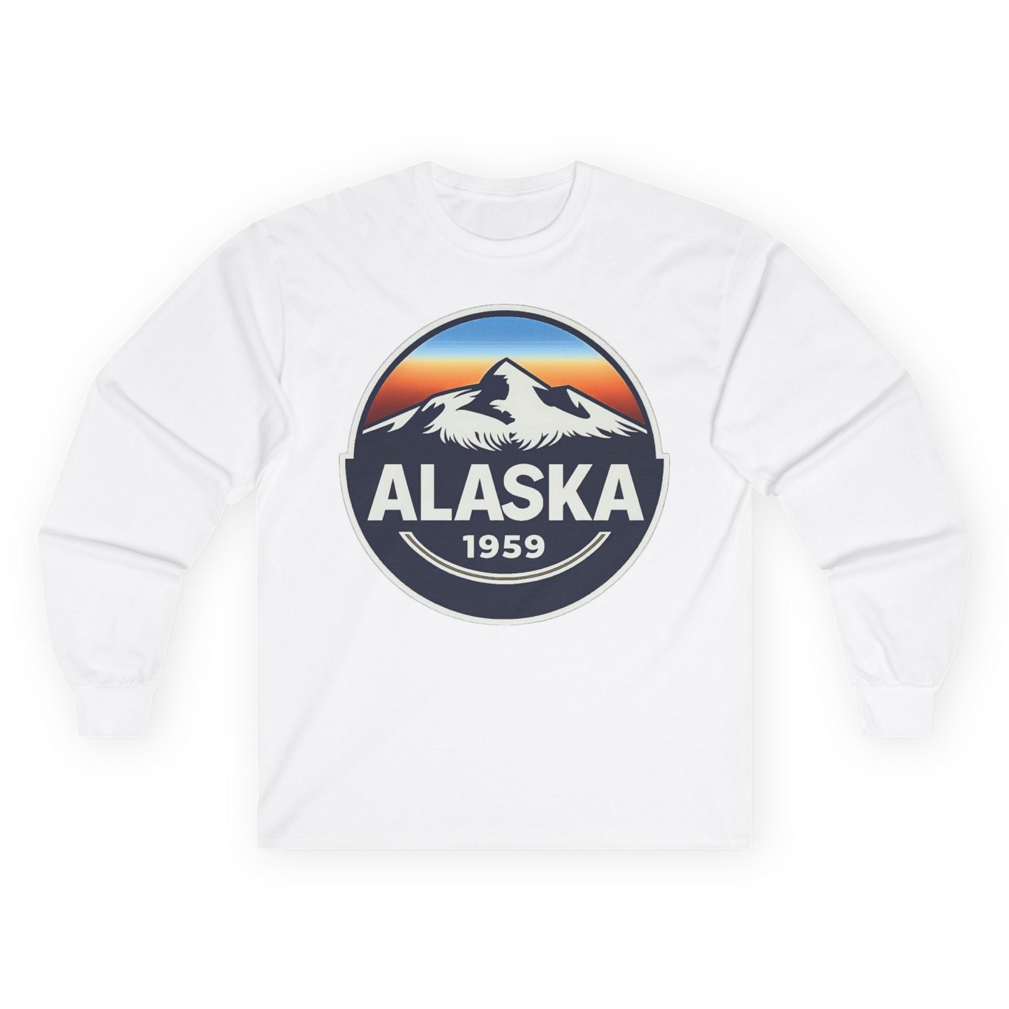 Alaska 1959 Retro Mountain Sunset Badge long sleeve shirt Vintage Statehood long sleeve shirt — Long Sleeve Long Sleeve Shirt – White – Alaska Cruise Shirts