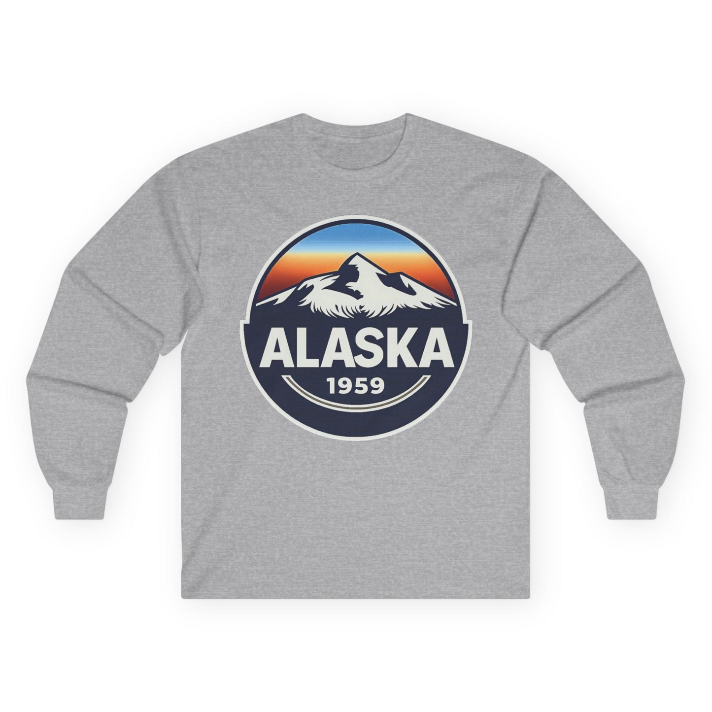 Alaska 1959 Retro Mountain Sunset Badge long sleeve shirt Vintage Statehood long sleeve shirt — Long Sleeve Long Sleeve Shirt – Sport Grey – Alaska Cruise Shirts