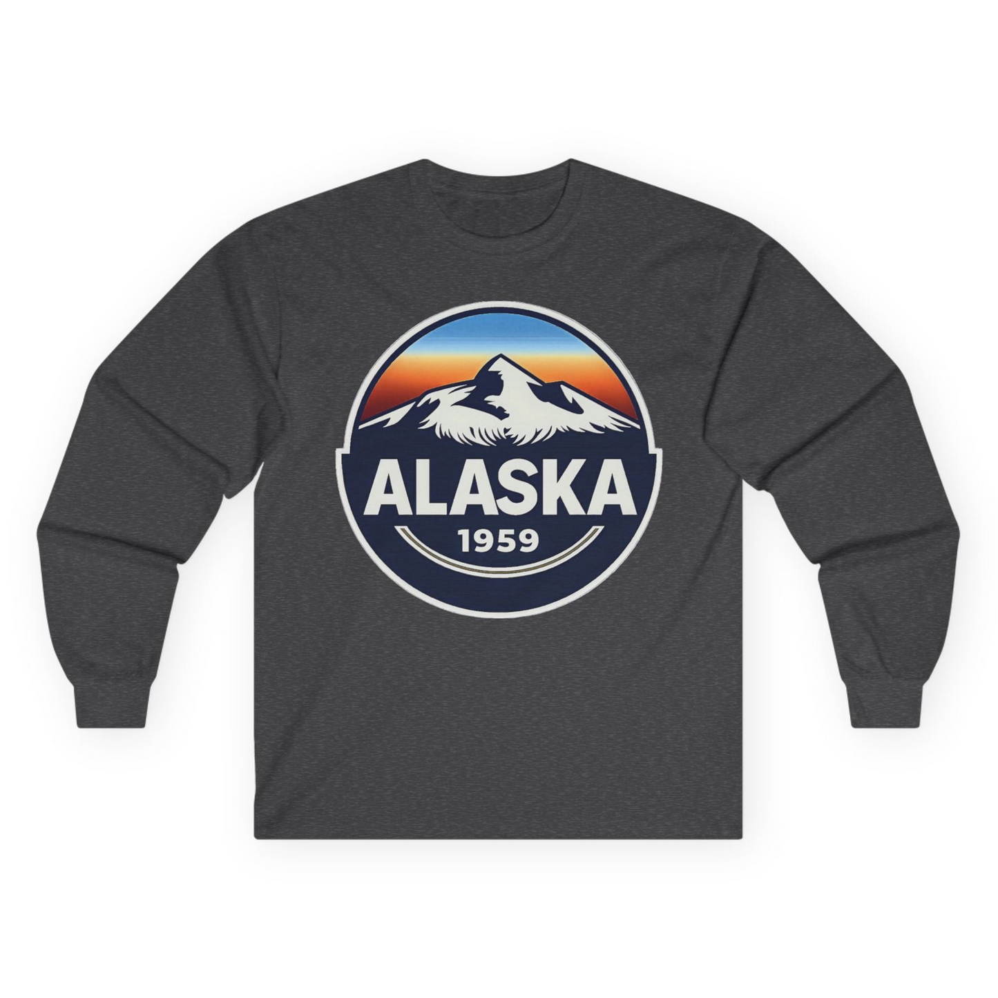 Alaska 1959 Retro Mountain Sunset Badge long sleeve shirt Vintage Statehood long sleeve shirt — Long Sleeve Long Sleeve Shirt – Dark Heather – Alaska Cruise Shirts
