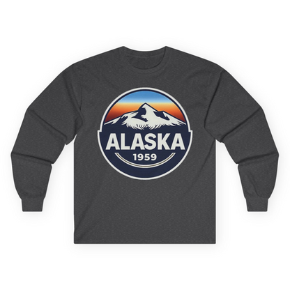 Alaska 1959 Retro Mountain Sunset Badge long sleeve shirt Vintage Statehood long sleeve shirt — Long Sleeve Long Sleeve Shirt – Dark Heather – Alaska Cruise Shirts