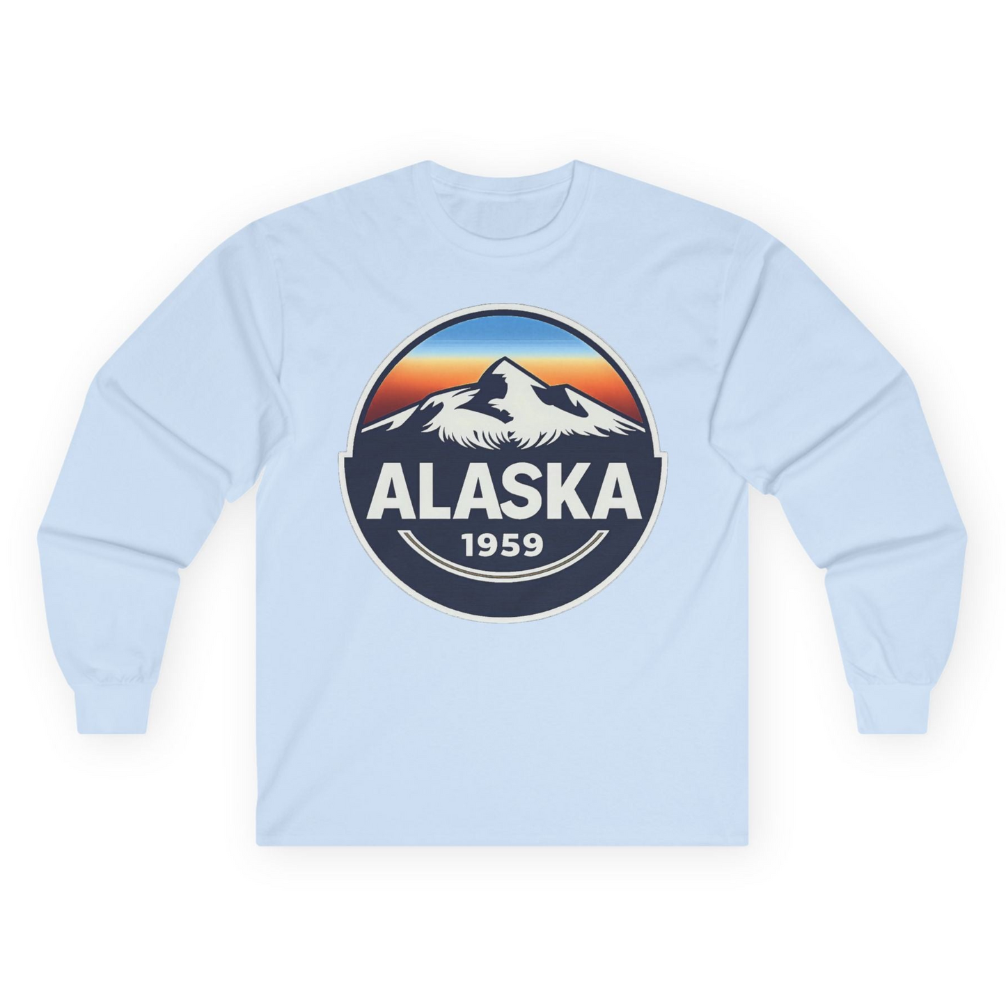 Alaska 1959 Retro Mountain Sunset Badge long sleeve shirt Vintage Statehood long sleeve shirt — Long Sleeve Long Sleeve Shirt – Light Blue – Alaska Cruise Shirts