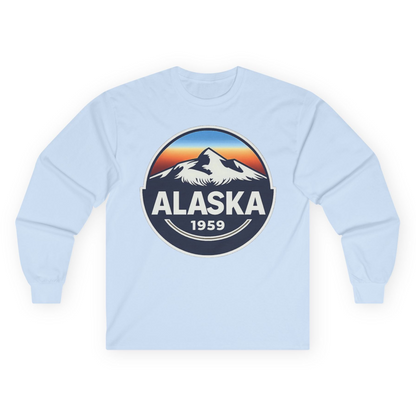 Alaska 1959 Retro Mountain Sunset Badge long sleeve shirt Vintage Statehood long sleeve shirt — Long Sleeve Long Sleeve Shirt – Light Blue – Alaska Cruise Shirts