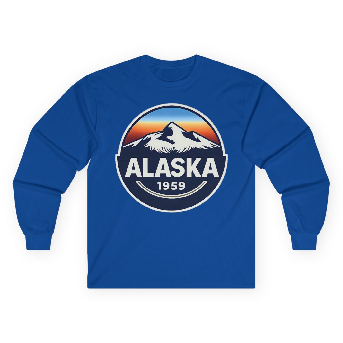 Alaska 1959 Retro Mountain Sunset Badge long sleeve shirt Vintage Statehood long sleeve shirt — Long Sleeve Long Sleeve Shirt – Royal – Alaska Cruise Shirts