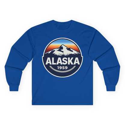 Alaska 1959 Retro Mountain Sunset Badge long sleeve shirt Vintage Statehood long sleeve shirt — Long Sleeve Long Sleeve Shirt – Royal – Alaska Cruise Shirts