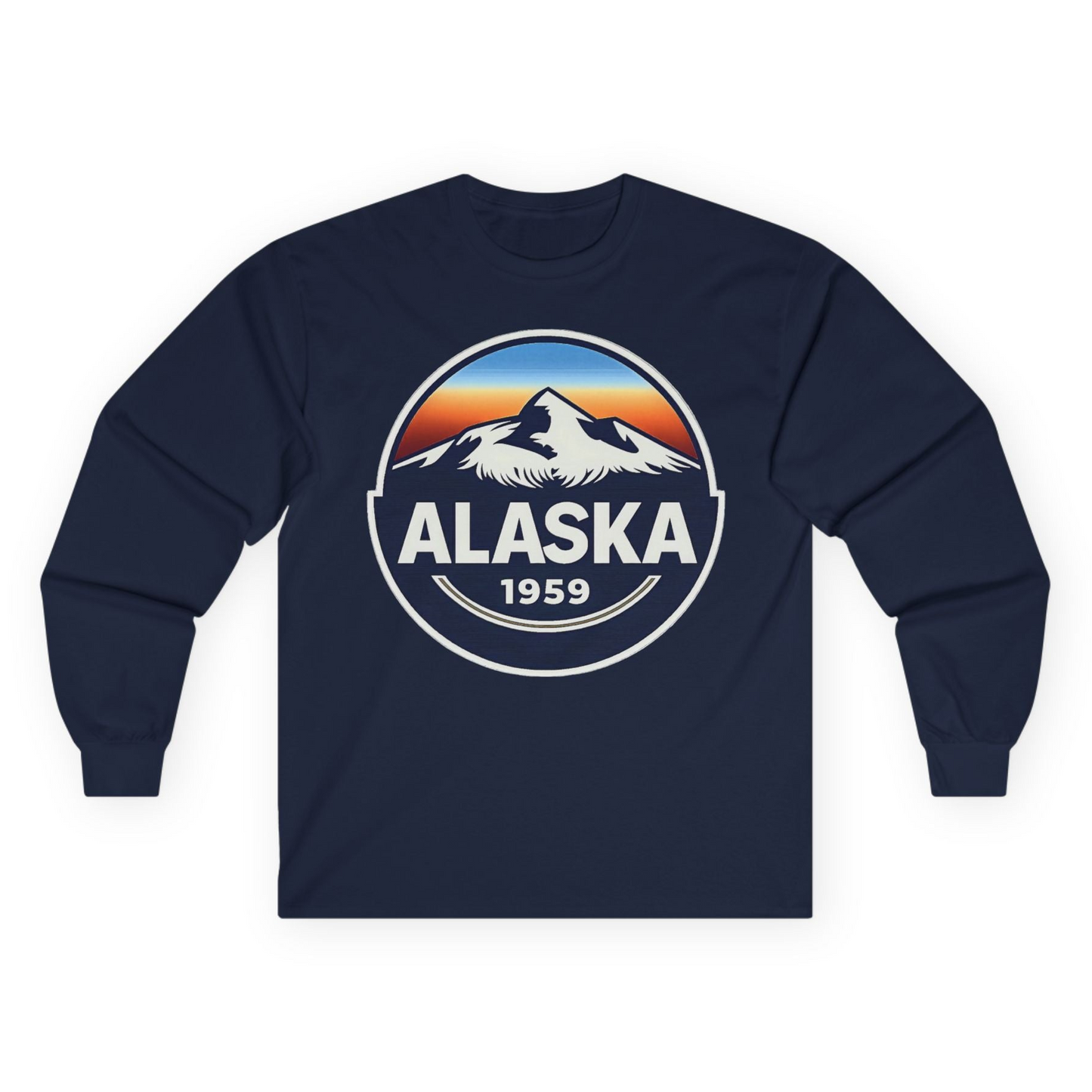 Alaska 1959 Retro Mountain Sunset Badge long sleeve shirt Vintage Statehood long sleeve shirt — Long Sleeve Long Sleeve Shirt – Navy – Alaska Cruise Shirts