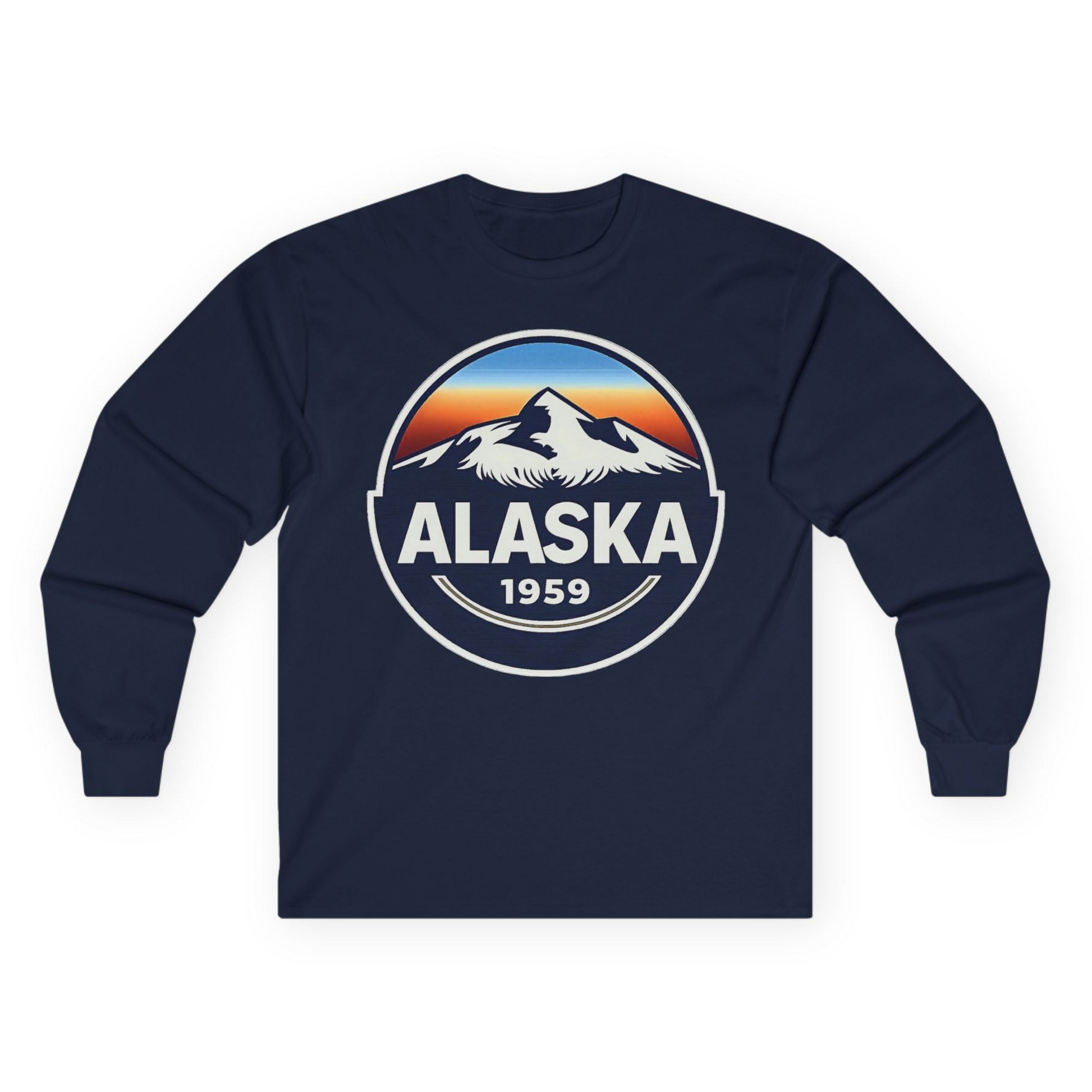 Alaska 1959 Retro Mountain Sunset Badge long sleeve shirt Vintage Statehood long sleeve shirt — Long Sleeve Long Sleeve Shirt – Navy – Alaska Cruise Shirts