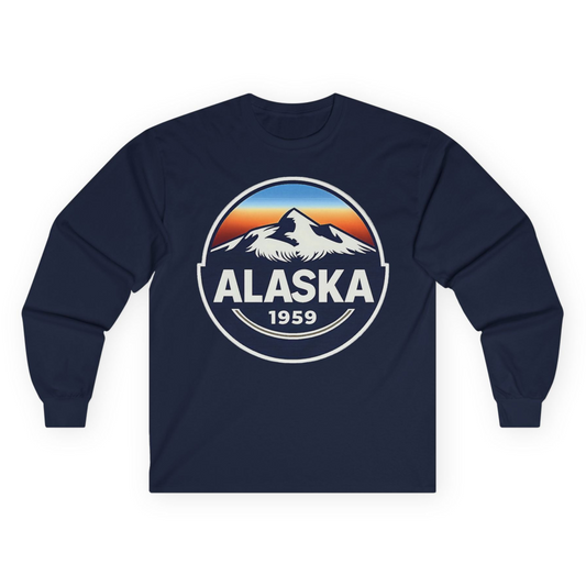 Alaska 1959 Retro Mountain Sunset Badge long sleeve shirt Vintage Statehood long sleeve shirt — Long Sleeve Long Sleeve Shirt – Navy – Alaska Cruise Shirts