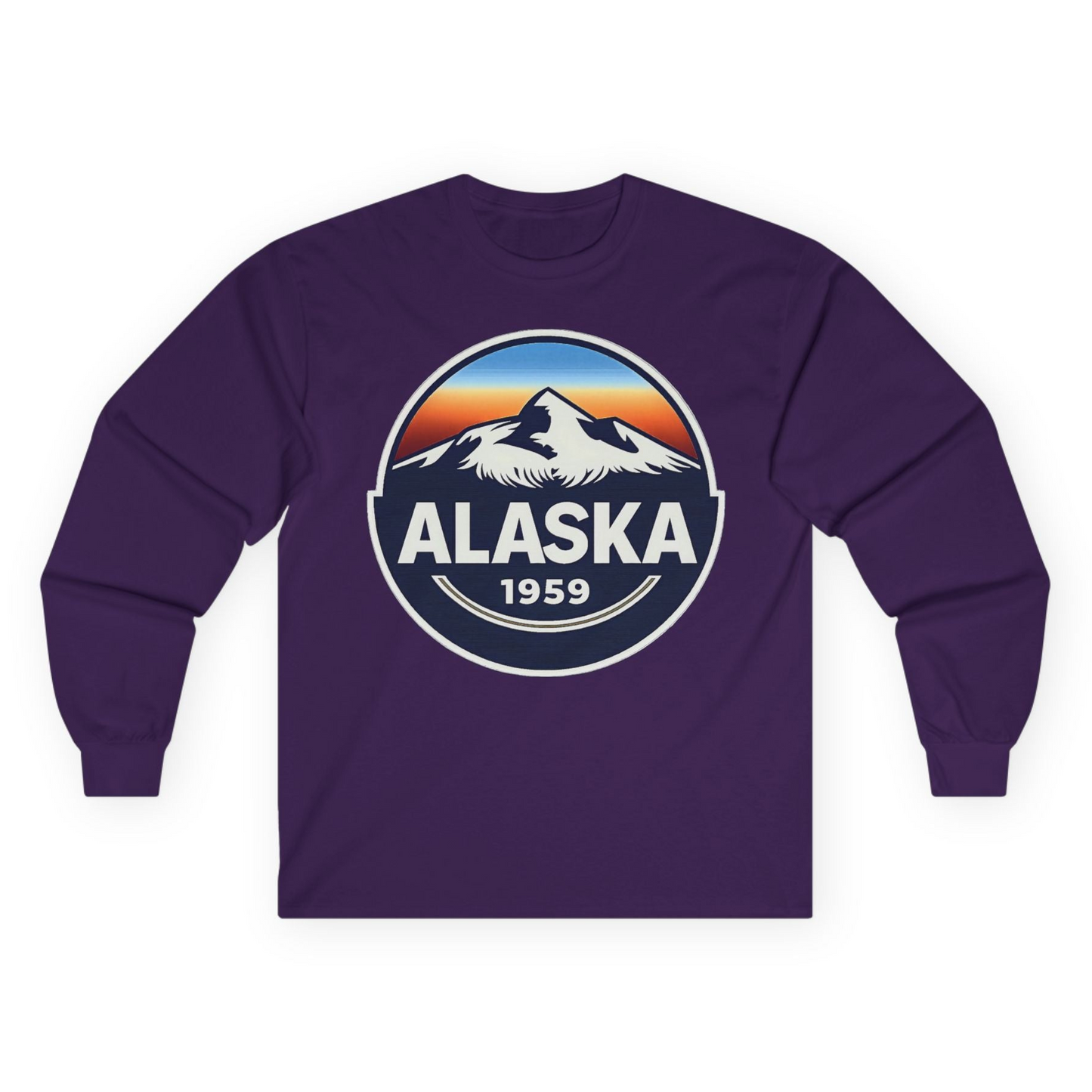 Alaska 1959 Retro Mountain Sunset Badge long sleeve shirt Vintage Statehood long sleeve shirt — Long Sleeve Long Sleeve Shirt – Purple – Alaska Cruise Shirts