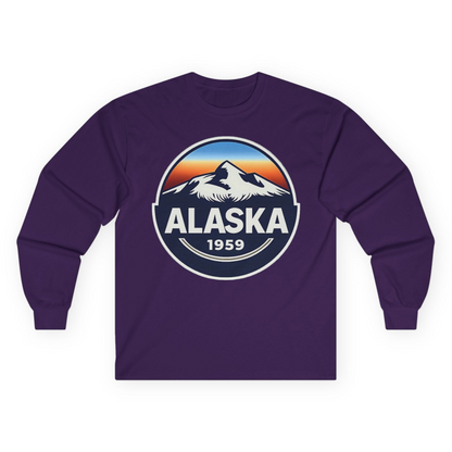 Alaska 1959 Retro Mountain Sunset Badge long sleeve shirt Vintage Statehood long sleeve shirt — Long Sleeve Long Sleeve Shirt – Purple – Alaska Cruise Shirts