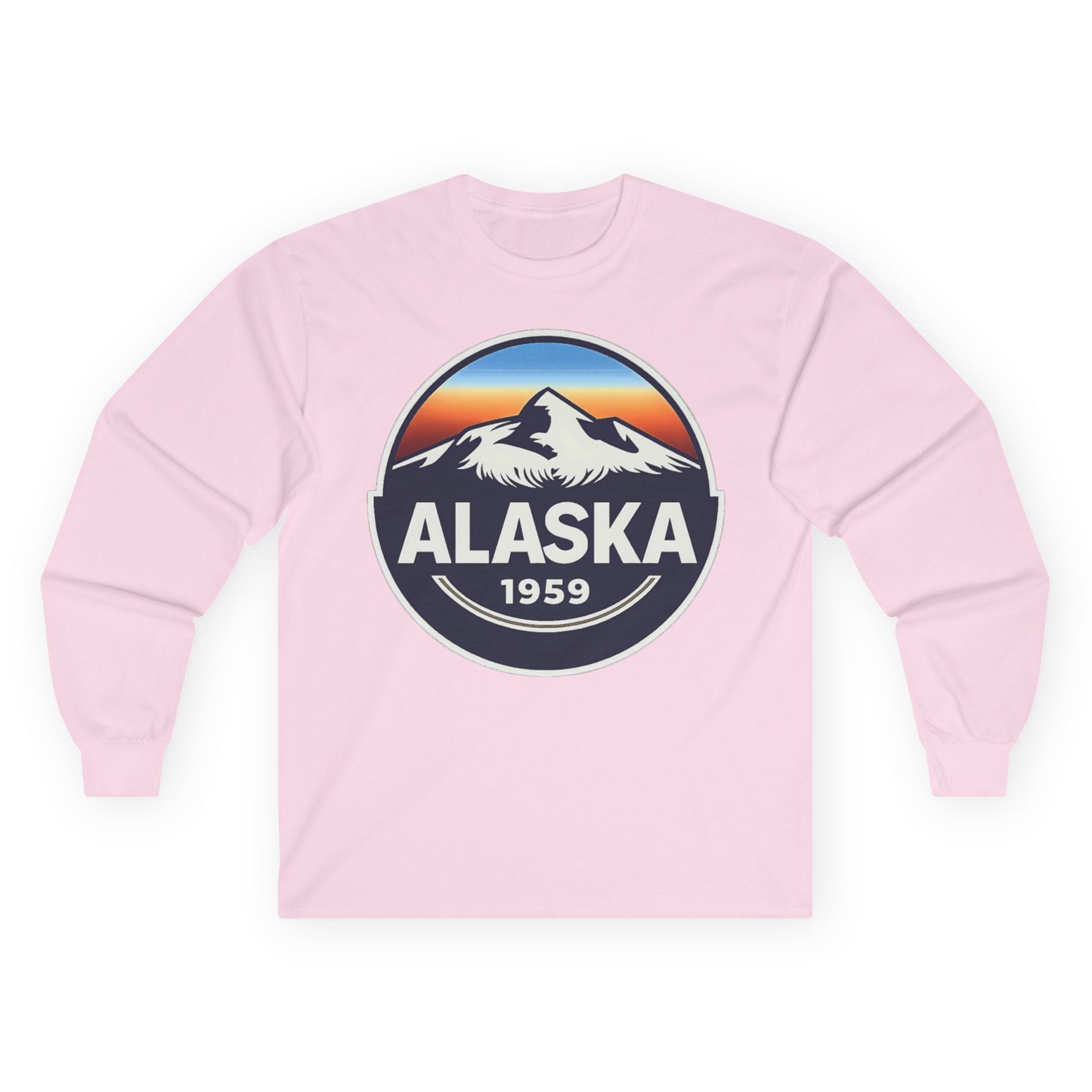Alaska 1959 Retro Mountain Sunset Badge long sleeve shirt Vintage Statehood long sleeve shirt — Long Sleeve Long Sleeve Shirt – Light Pink – Alaska Cruise Shirts