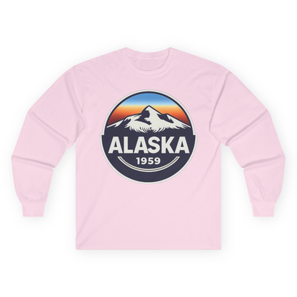 Alaska 1959 Retro Mountain Sunset Badge long sleeve shirt Vintage Statehood long sleeve shirt — Long Sleeve Long Sleeve Shirt – Light Pink – Alaska Cruise Shirts
