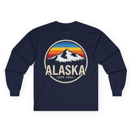 Alaska Vintage Mountain Sunset long sleeve shirt Long Sleeve Shirt – Navy – Alaska Cruise Shirts