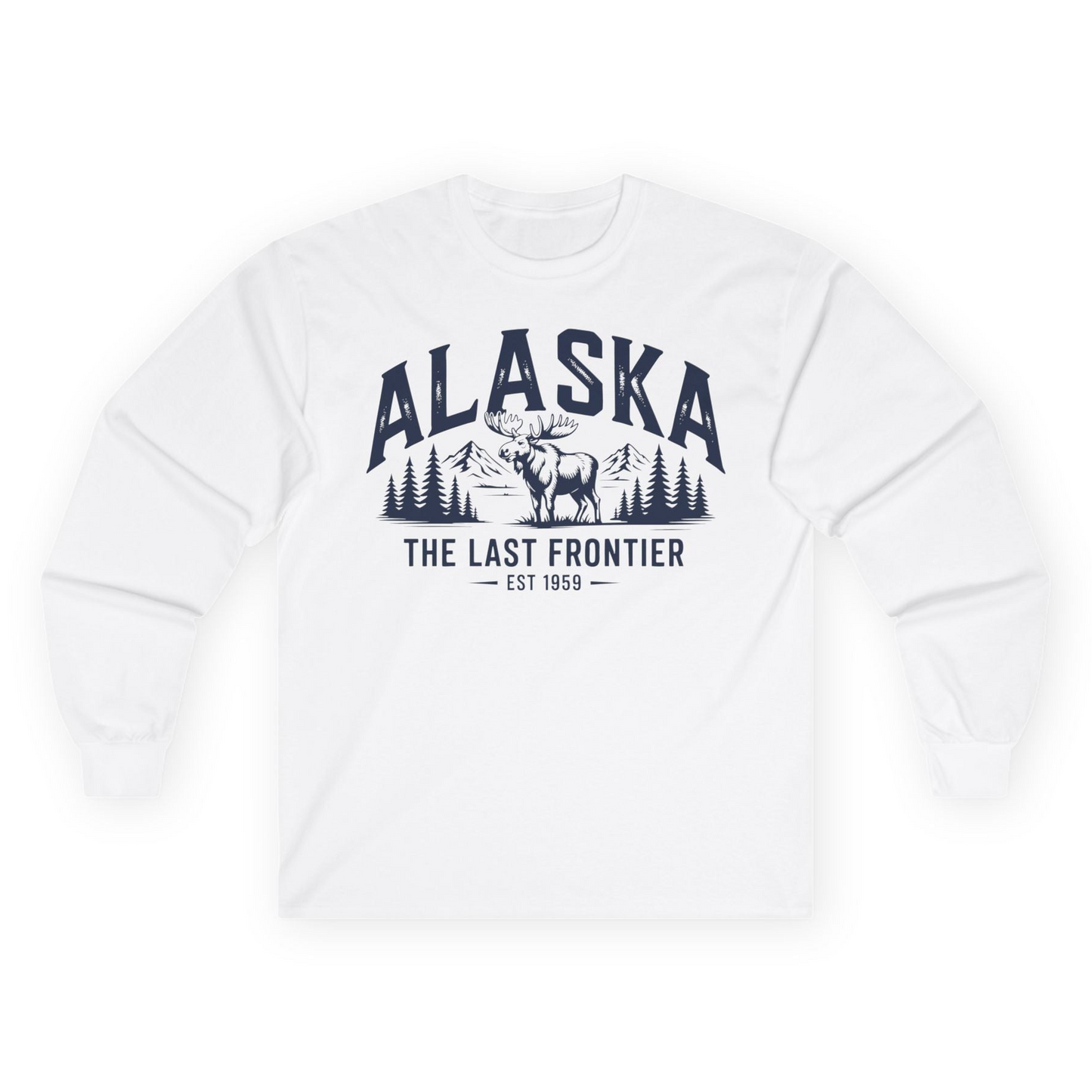 Alaska The Last Frontier Moose Mountain Wilderness Graphic Shirt — Long Sleeve Long Sleeve Shirt – White – Alaska Cruise Shirts