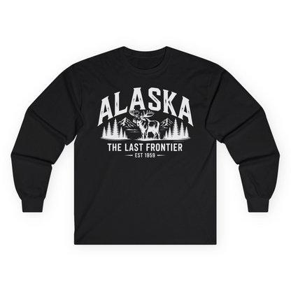 Alaska The Last Frontier Moose Mountain Wilderness Graphic Shirt — Long Sleeve Long Sleeve Shirt – Black – Alaska Cruise Shirts