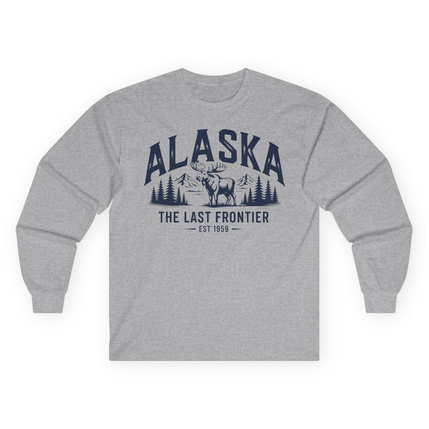 Alaska The Last Frontier Moose Mountain Wilderness Graphic Shirt — Long Sleeve Long Sleeve Shirt – Sport Grey – Alaska Cruise Shirts