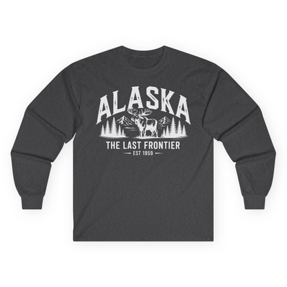 Alaska The Last Frontier Moose Mountain Wilderness Graphic Shirt — Long Sleeve Long Sleeve Shirt – Dark Heather – Alaska Cruise Shirts
