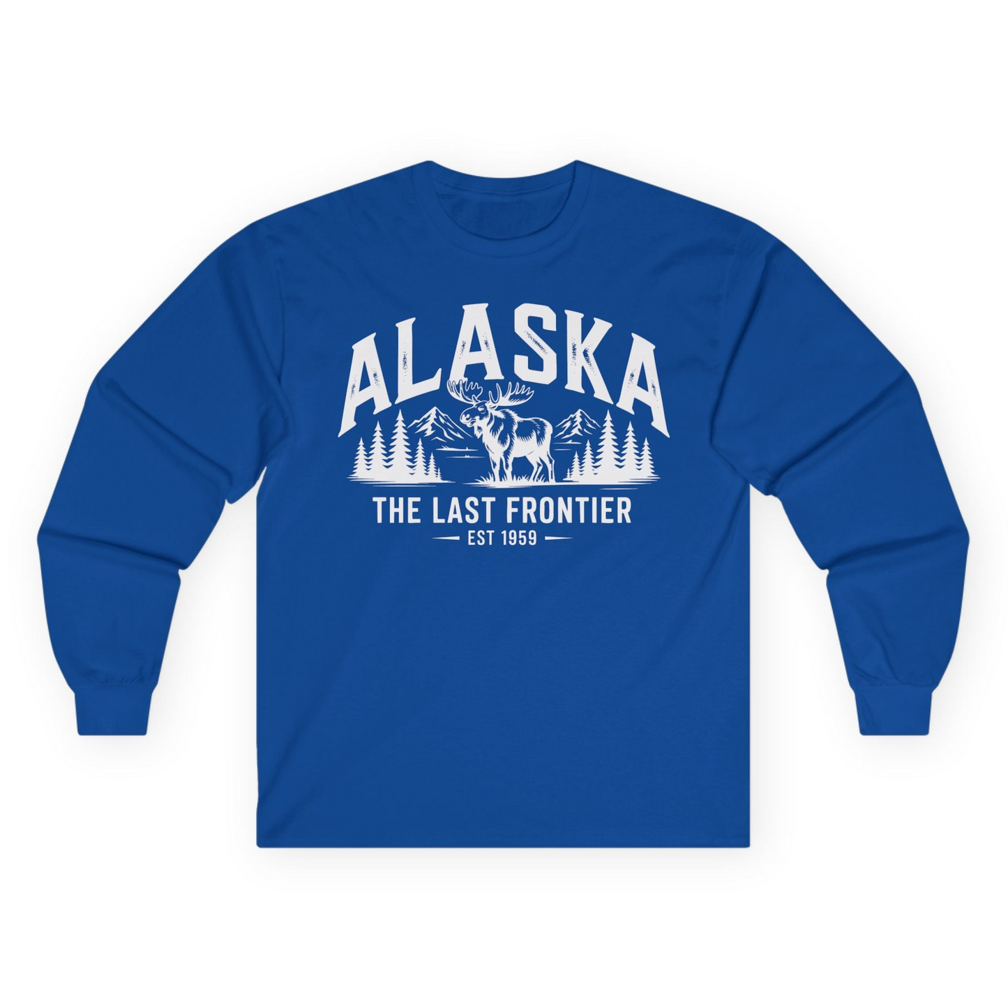 Alaska The Last Frontier Moose Mountain Wilderness Graphic Shirt — Long Sleeve Long Sleeve Shirt – Royal – Alaska Cruise Shirts